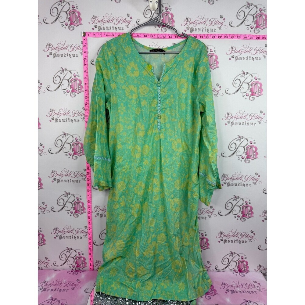 Cultural fusion dress Green Floral Long Sleeve Dress neon lime